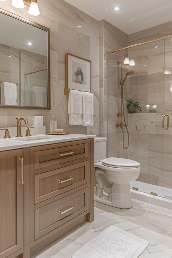 Small bathroom remodel with smart storage solutions in Troy City.