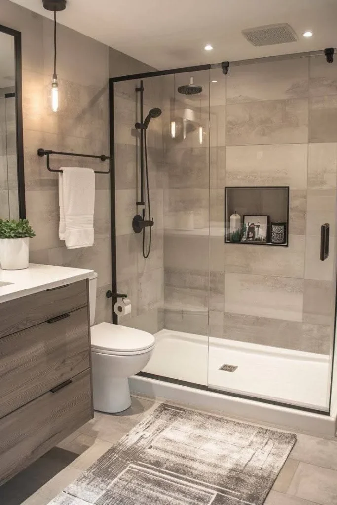 ozy bathroom remodel with wood vanity and walk-in shower in Armada City.