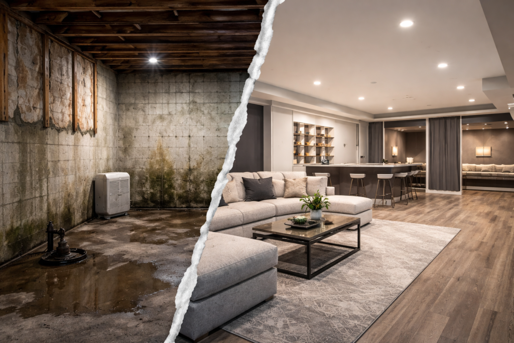 musty basement remodeling renovation Macomb County Michigan moisture problem fix