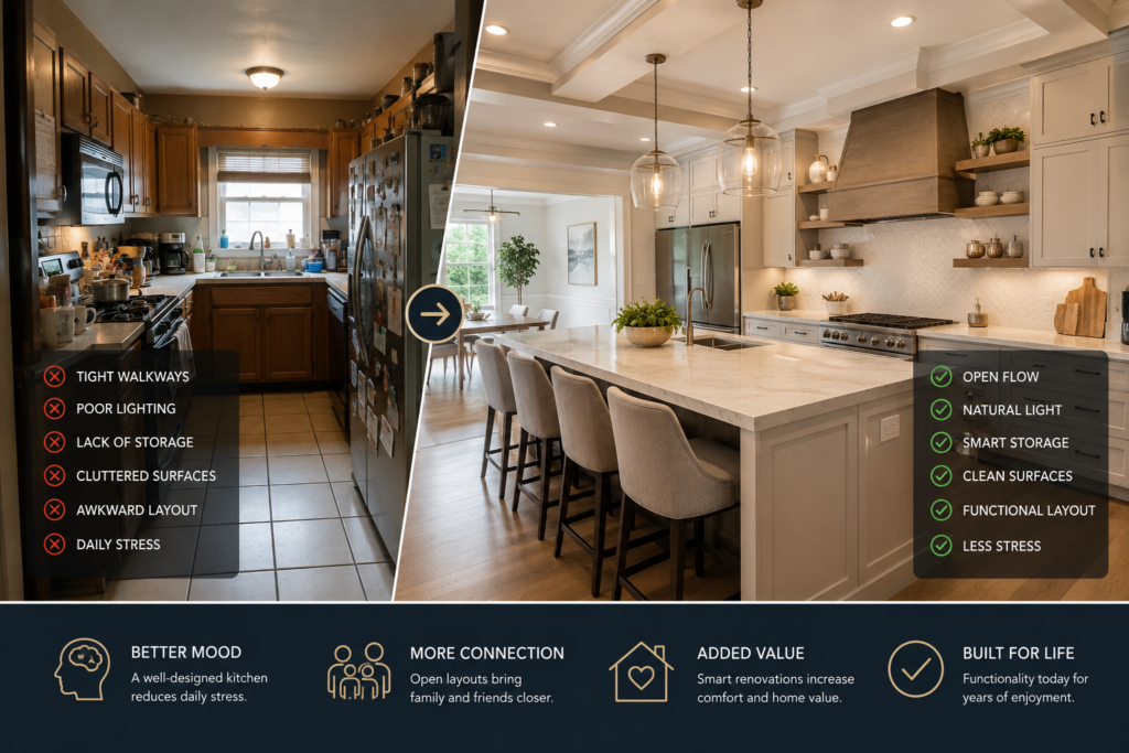 Modern luxury kitchen remodeling design with open layout, smart storage, and bright lighting in Michigan home.