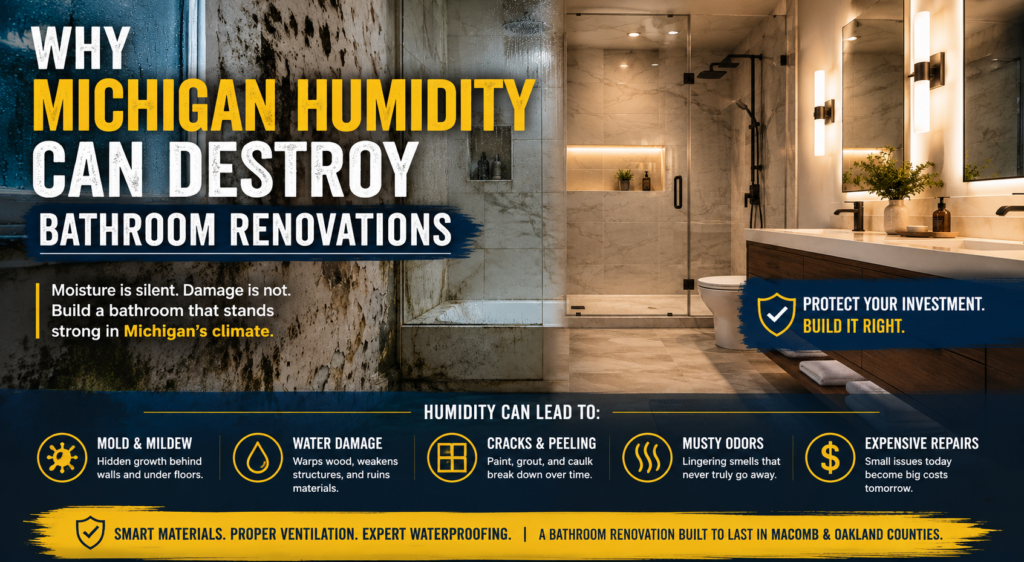 Michigan bathroom remodeling showing how humidity can damage bathroom renovations without proper waterproofing.